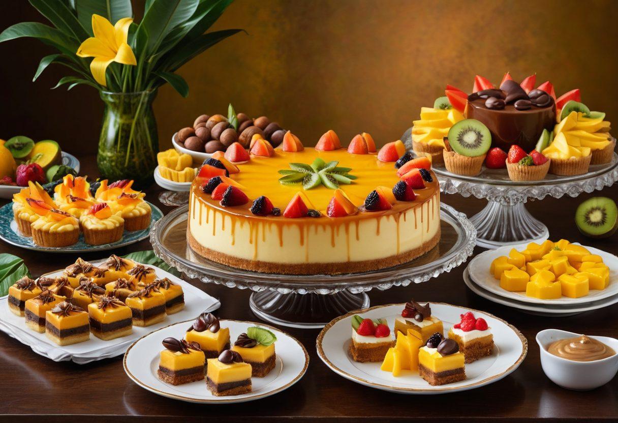 A beautifully arranged table featuring an elegant Brazil flag-colored dessert spread, prominently showcasing a glossy, caramel-laden Brazilian flan at the center. Surround the flan with an assortment of colorful tropical fruits, delicate pastries, and artistic chocolate decorations, reflecting the rich and vibrant culture of Brazil. Soft golden lighting enhances the decadence of the scene, inviting the viewer to indulge in these luxurious treats. super-realistic. vibrant colors. warm lighting.