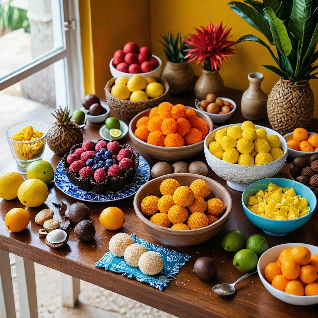 A vibrant kitchen scene filled with colorful Brazilian sweets like brigadeiros and quindins on a beautifully decorated table. Include traditional cooking utensils, fresh tropical ingredients like coconut and passion fruit, and a warm, inviting atmosphere with soft natural light streaming in. The background should suggest a cozy home environment reflecting Brazilian culture. watercolor painting. vibrant colors. warm tones.