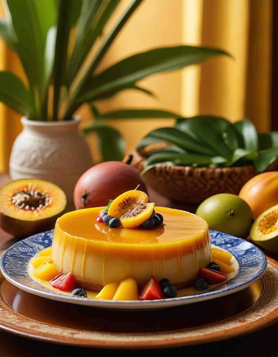 A sumptuous Brazilian flan displayed on an intricate decorative plate, surrounded by tropical fruits like passion fruit and mango, with a warm, inviting kitchen background. Soft golden light cascading over the scene enhances the flan's glossy caramel top, inviting the viewer to indulge. Include hints of cultural elements such as a Brazilian flag or traditional cooking utensils. super-realistic. vibrant colors. warm lighting.